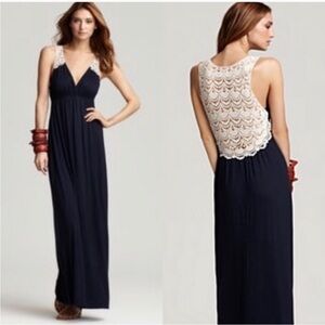 Aqua Maxi Black Dress Empire Waist Crocheted Off-White Laced Low Back. Size S